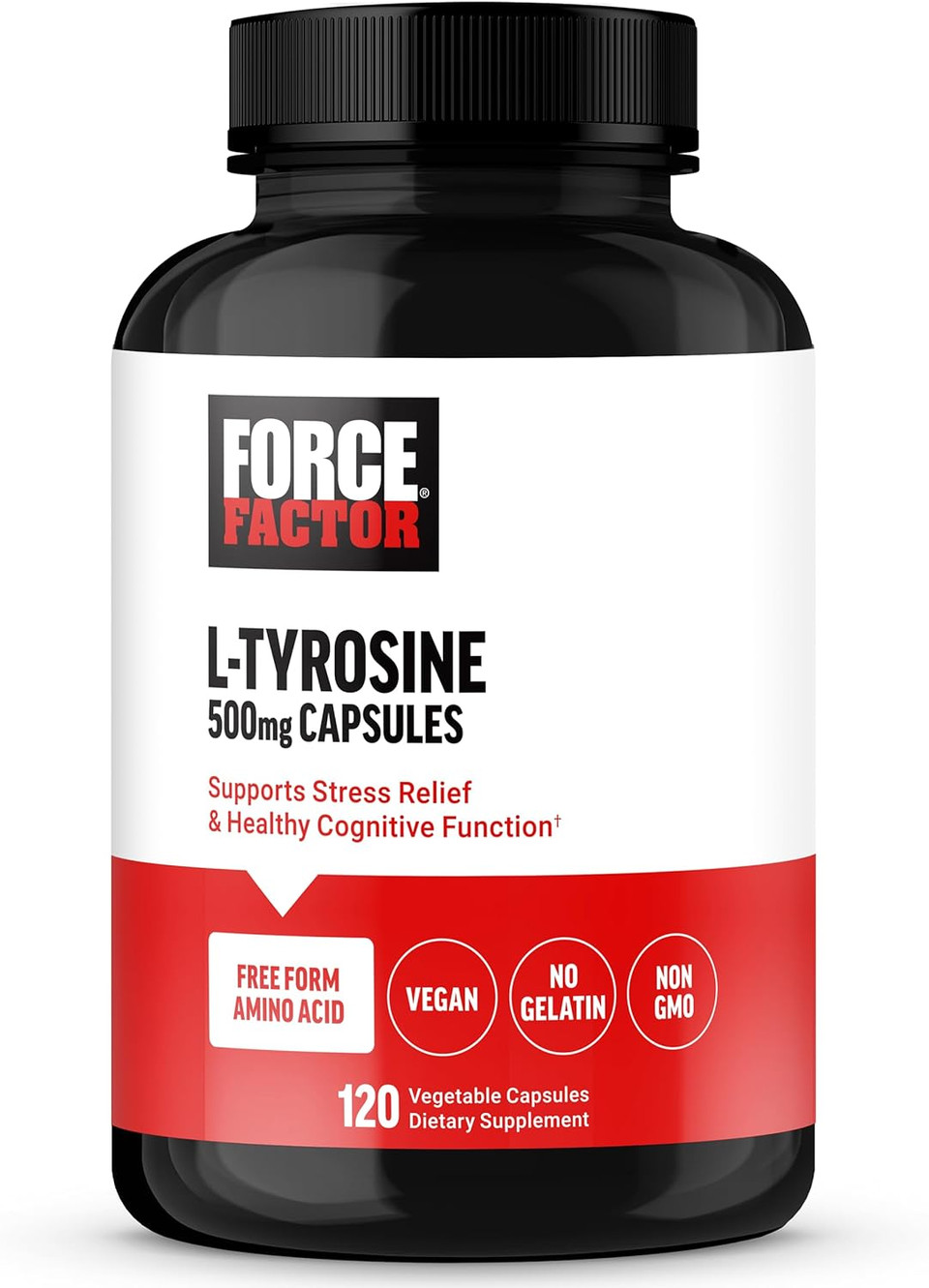 Force Factor L Tyrosine Stress Relief Supplement, L-Tyrosine Brain Health Supplements For Adults, L-Tyrosine 500Mg Capsules, Free Form, Vegan, No Gelatin, Non-Gmo, 120 Capsules