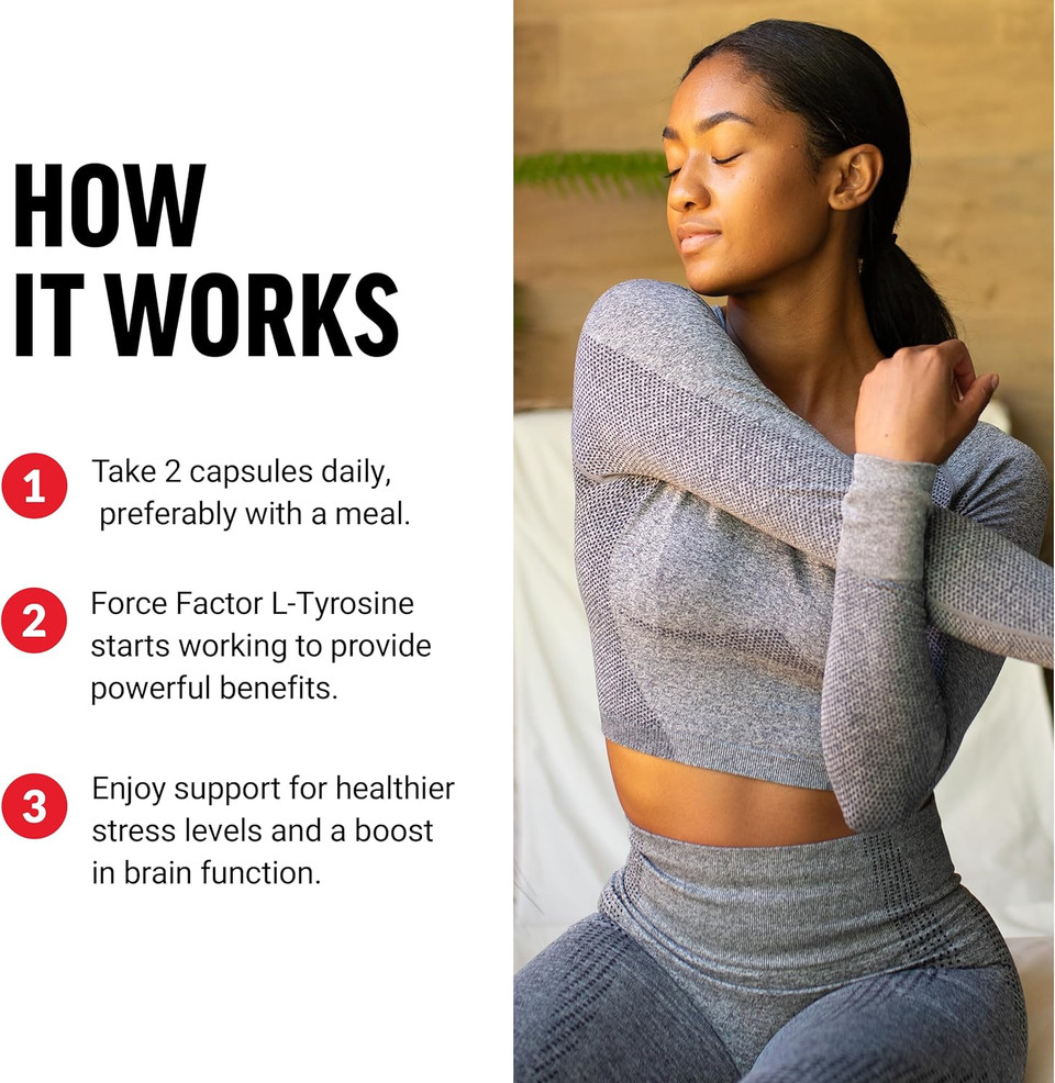 Force Factor L Tyrosine Stress Relief Supplement, L-Tyrosine Brain Health Supplements For Adults, L-Tyrosine 500Mg Capsules, Free Form, Vegan, No Gelatin, Non-Gmo, 120 Capsules