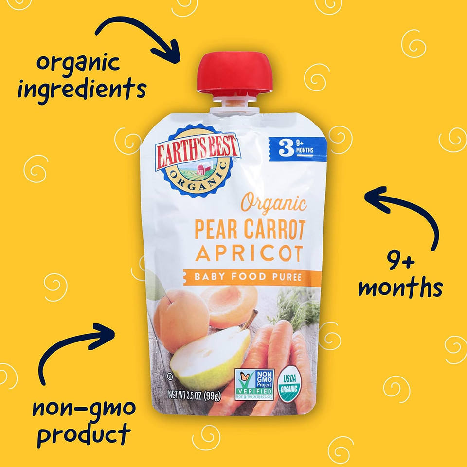 Earth'S Best Organic Baby Food Pouches, Stage 3 Fruit And Vegetable Puree For Babies 9 Months And Older, Organic Pear Carrot Apricot Puree, 3.5 Oz Resealable Pouch (Pack Of 12)