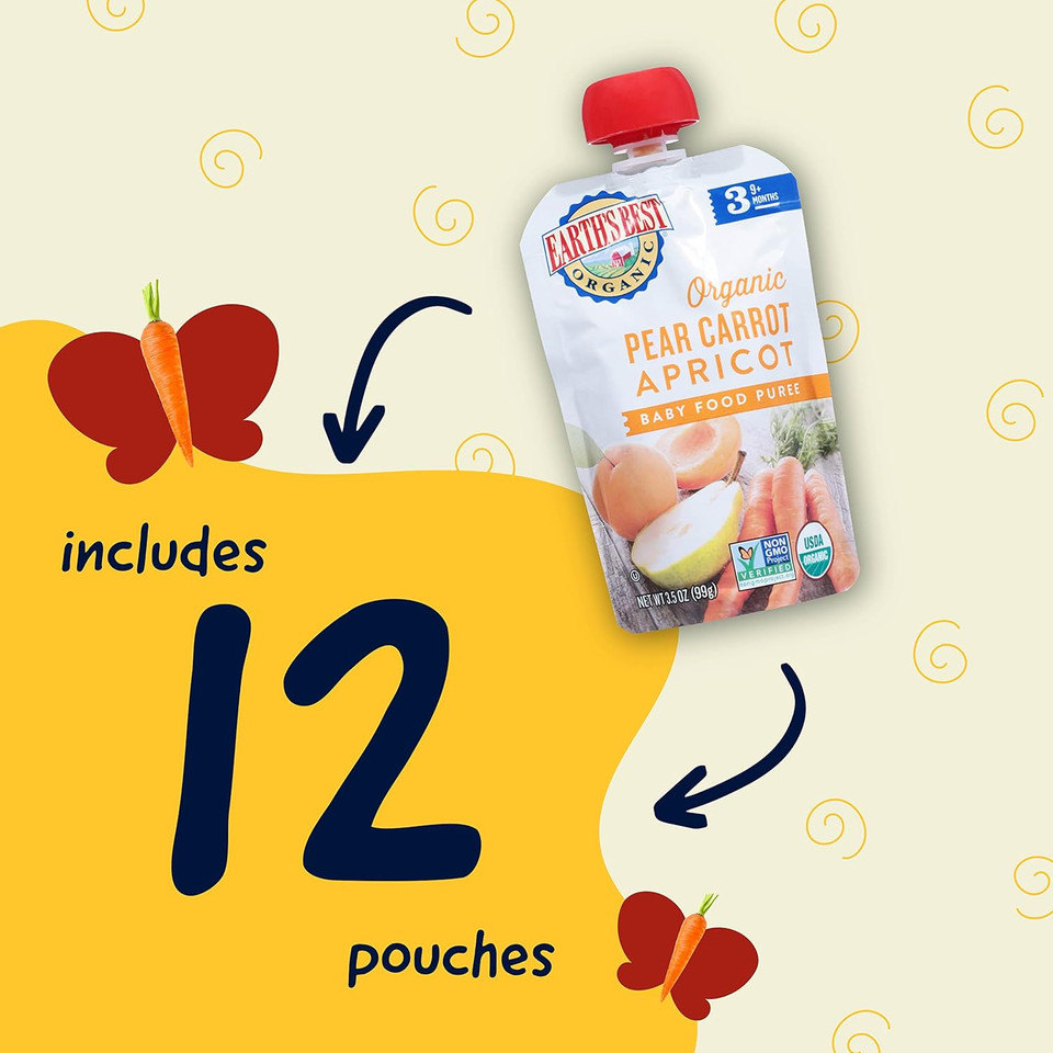 Earth'S Best Organic Baby Food Pouches, Stage 3 Fruit And Vegetable Puree For Babies 9 Months And Older, Organic Pear Carrot Apricot Puree, 3.5 Oz Resealable Pouch (Pack Of 12)