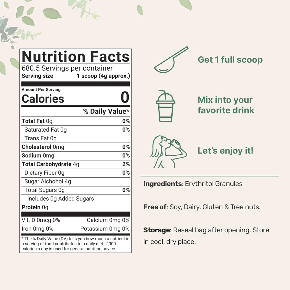 Erythritol Granules, 6 Pounds (96 Ounce), 1:1 Sugar Substitute, No After Taste, 0 Calorie, Natural Sweetener, Erythritol Keto Sugar Substitute, Non-Gmo, Vegan