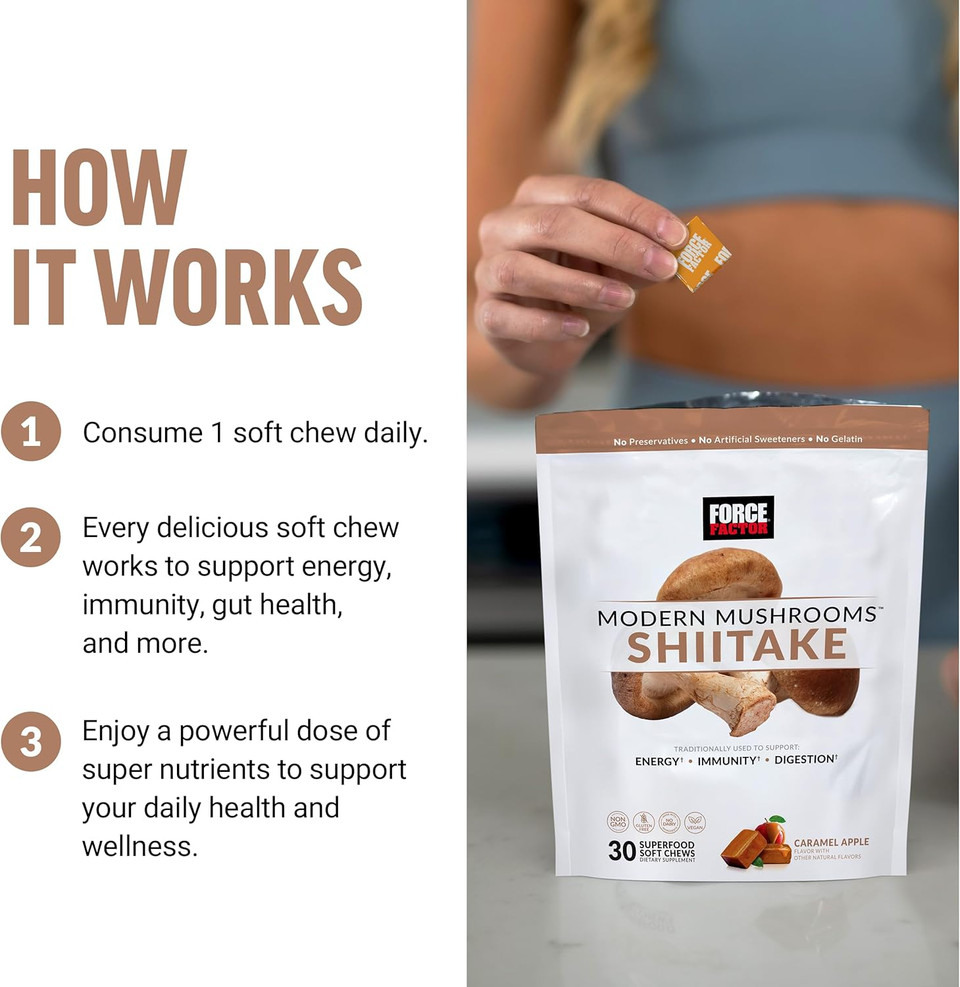 Force Factor Modern Mushrooms Soft Chews, Shiitake Mushrooms Supplement To Support Energy, Immunity, And Digestive Health, Antioxidants Supplement, Delicious Caramel Apple Flavor, 30 Soft Chews