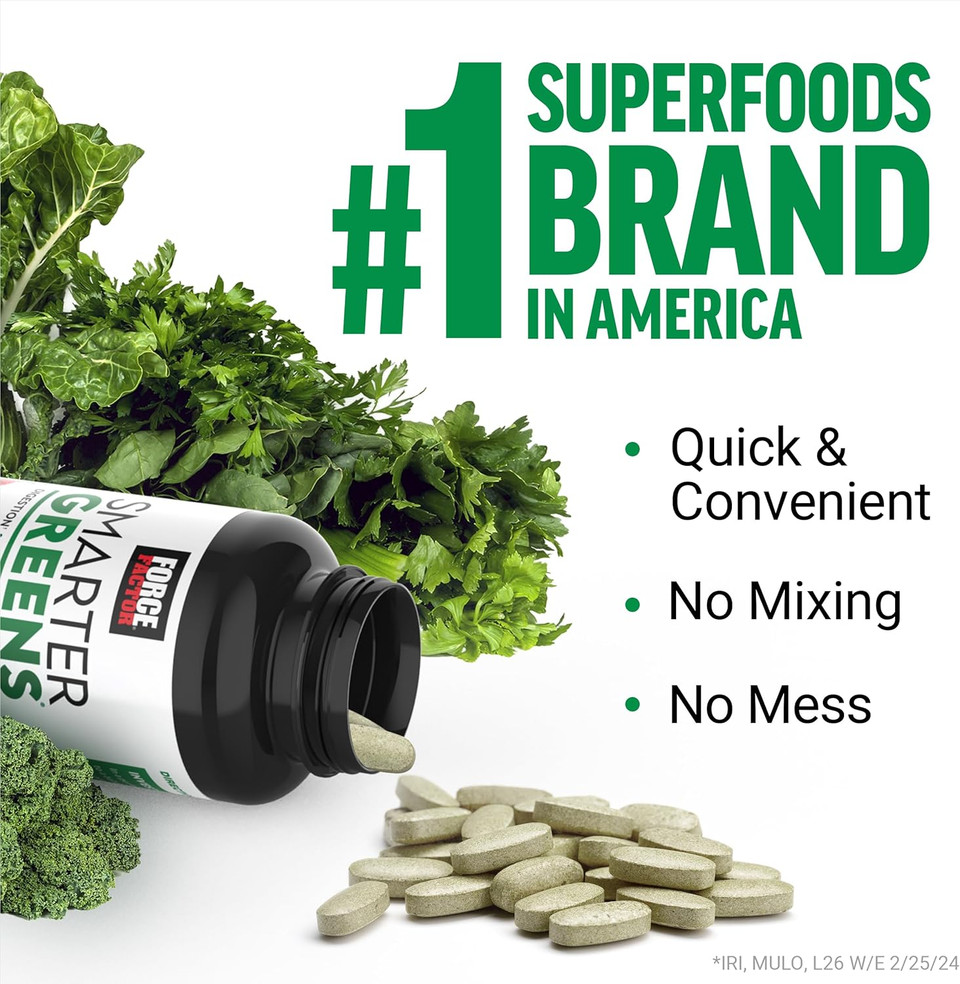 Force Factor Smarter Greens Tablets, Greens Supplement With 25+ Superfoods And Antioxidants To Improve Digestion, Reduce Stress, Strengthen Immunity, And Support Metabolism, 90 Tablets