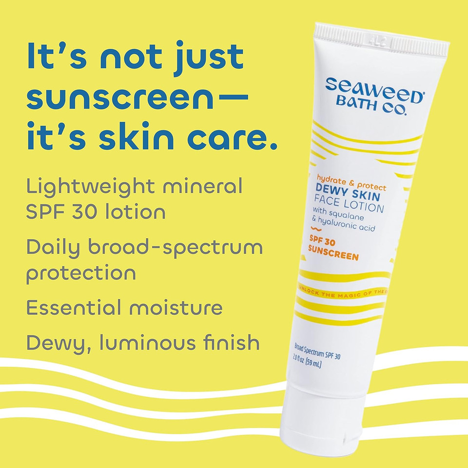 Seaweed Bath Co. Hydrate & Protect Dewy Skin Face Lotion Spf 30 Broad Spectrum Zinc Oxide Facial Sunscreen, 2 Ounce, Sustainably Harvested Seaweed, Hyaluronic Acid, Squalane
