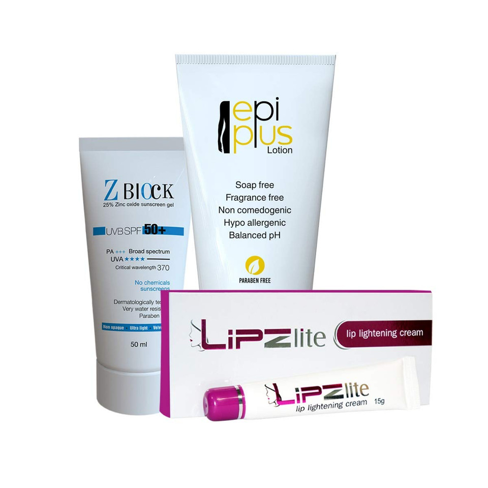 Sensitive Skincare Kit : Epiplus Lotion 100Ml, Zblock Sunscreen 50Ml, And Lipzlite Lightening Cream 15Gm