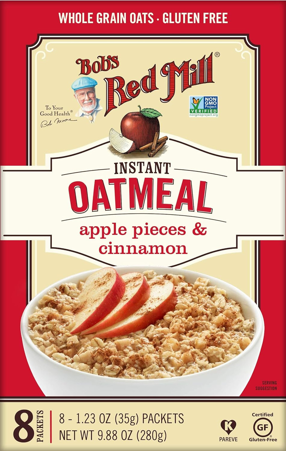 Bob'S Red Mill Instant Oatmeal Packets, Apple Pieces & Cinnamon, 8 Packets Total (1 Box/8 Packets Per Box), Non-Gmo, Gluten Free, 100% Whole Grain