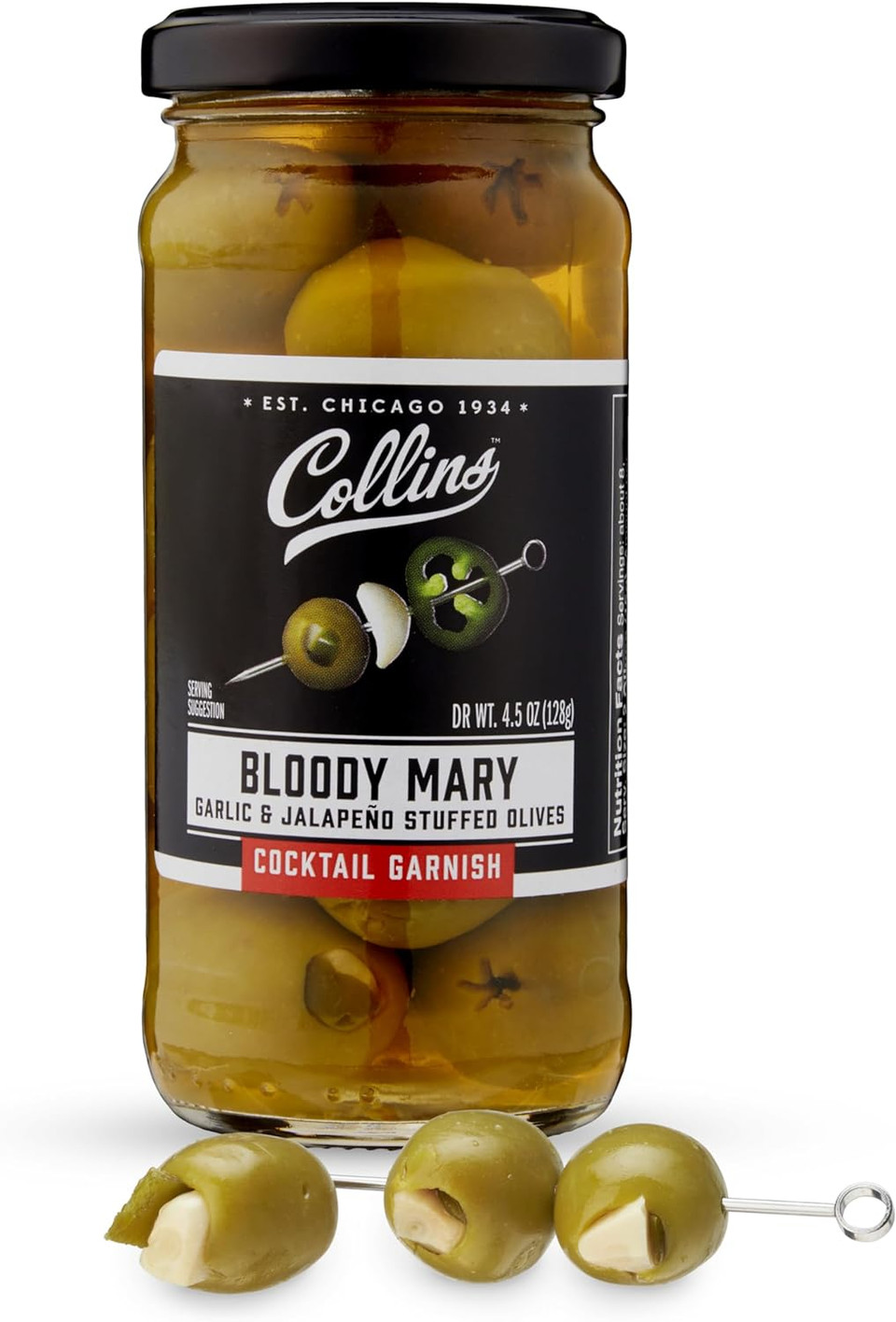 Collins Jalapeno Garlic Stuffed Cocktail Olives, Gourmet Martini Olive Cocktail Garnish, Dirty Martini Olives, Bloody Mary, Jalapeno Olives Garlic Olives 4.5oz