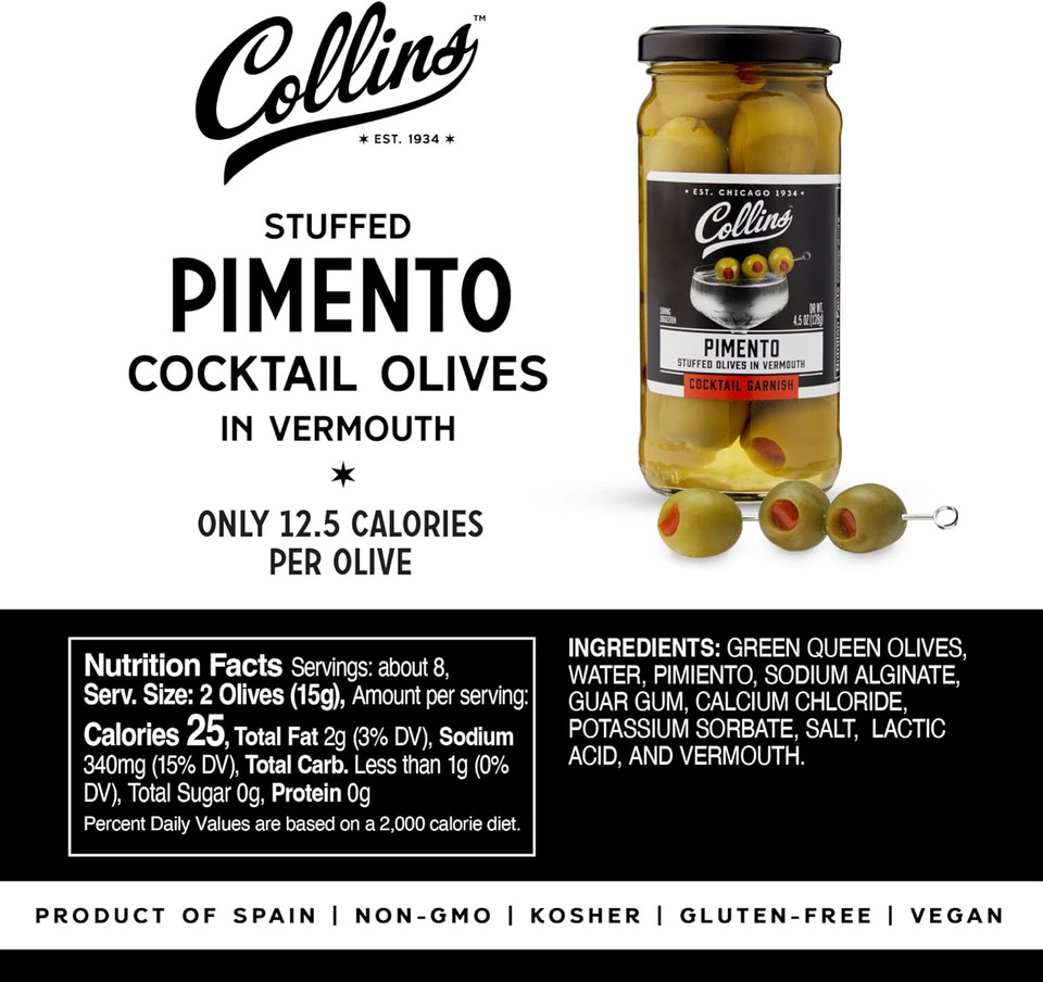 Collins Gourmet Vermouth Pimento Olives | Premium Garnish for Cocktails, Martinis, Drinks, Salads, Snack Trays, Charcuterie, and Cheese Spreads, 5oz