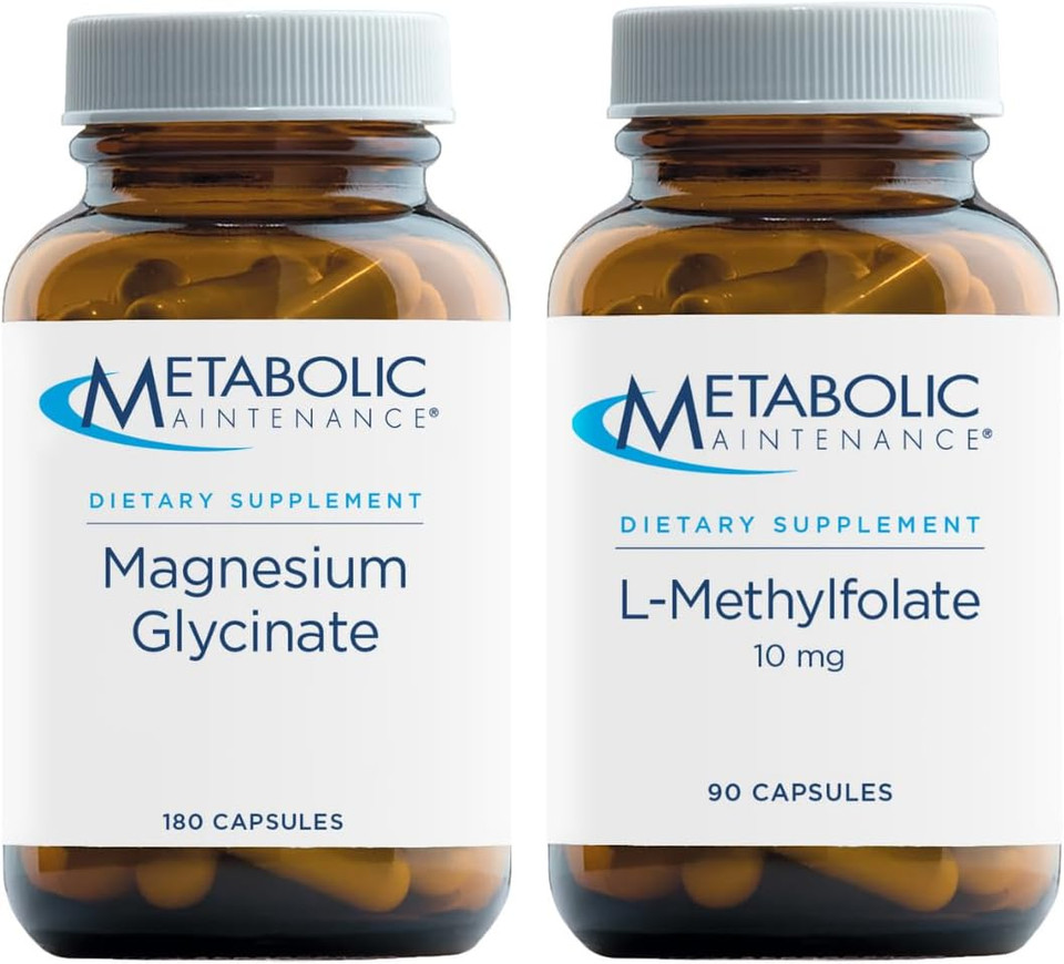 Metabolic Maintenance 2-Product Cardiovascular Support Set with L-Methylfolate 10mg - Active Folate L-5-MTHF (90 Capsules) + Magnesium Glycinate - Pure Magnesium + Vitamin C Supplement (180 Capsules)