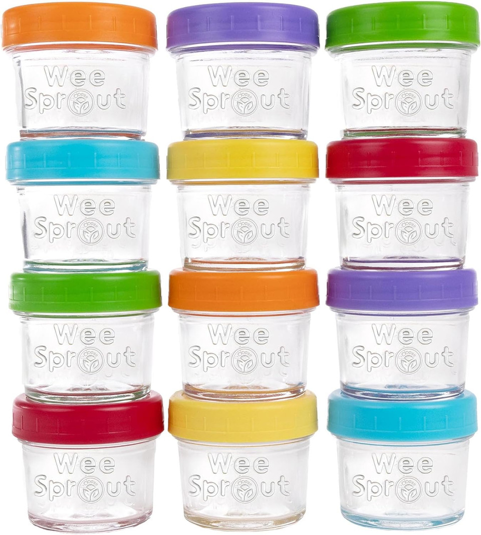 WeeSprout Glass Baby Food Storage Jars - 12 Set, 4 oz Baby Food Jars with Plastic Lids, Freezer Storage, Reusable Small Glass Baby Food Containers, Microwave & Dishwasher Safe, for Infant & Baby Food