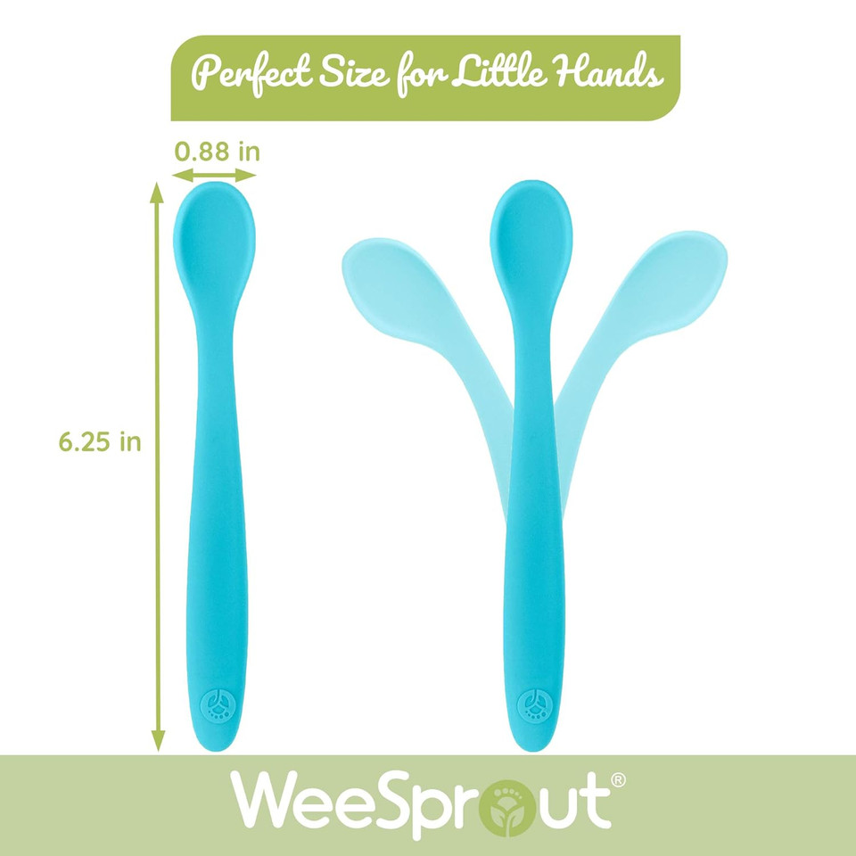 WeeSprout Silicone Baby Spoons - First Stage Infant Feeding Utensils With Soft-Tip, Bendable Kitchenware for Parent & Self-Feeding, Ultra-Durable, Dishwasher Safe, Travel Case, Set of 3