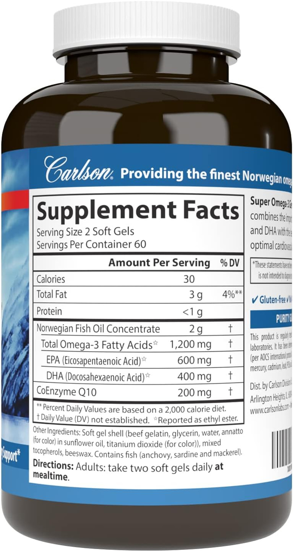 Carlson - Super Omega-3 Gems + Coq10, 1200 Mg Omega-3S 200 Mg Coq10, Circulation Function, Energy Production & Circulatory Support, 60 Softgels