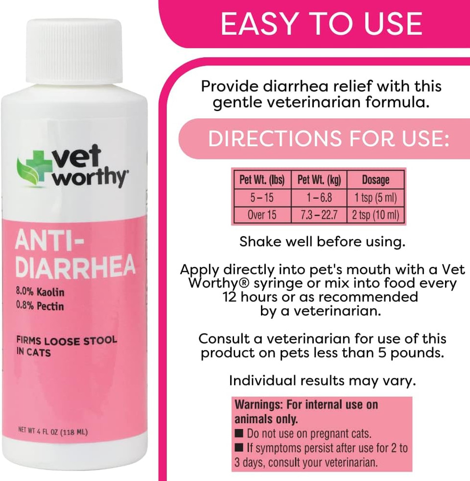 Vet Worthy Anti-Diarrhea For Cats - Cat Supplement To Help Relieve Diarrhea, Stomach Upset, And Discomfort - Pet Digestive Health Support With Kaolin And Pectin - 4Oz