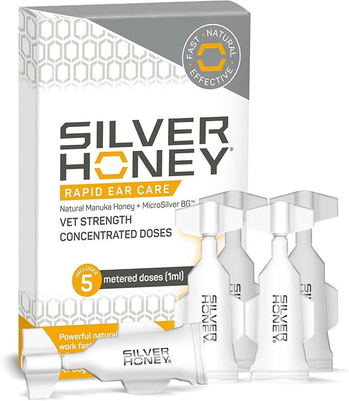 Absorbine Silver Honey Rapid Ear Care Vet Strength Concentrated Doses, 5 Ear Drops For 10 Days On 1 Ear For Dogs & Cats, Medical Grade Manuka Honey & Microsilver Bg