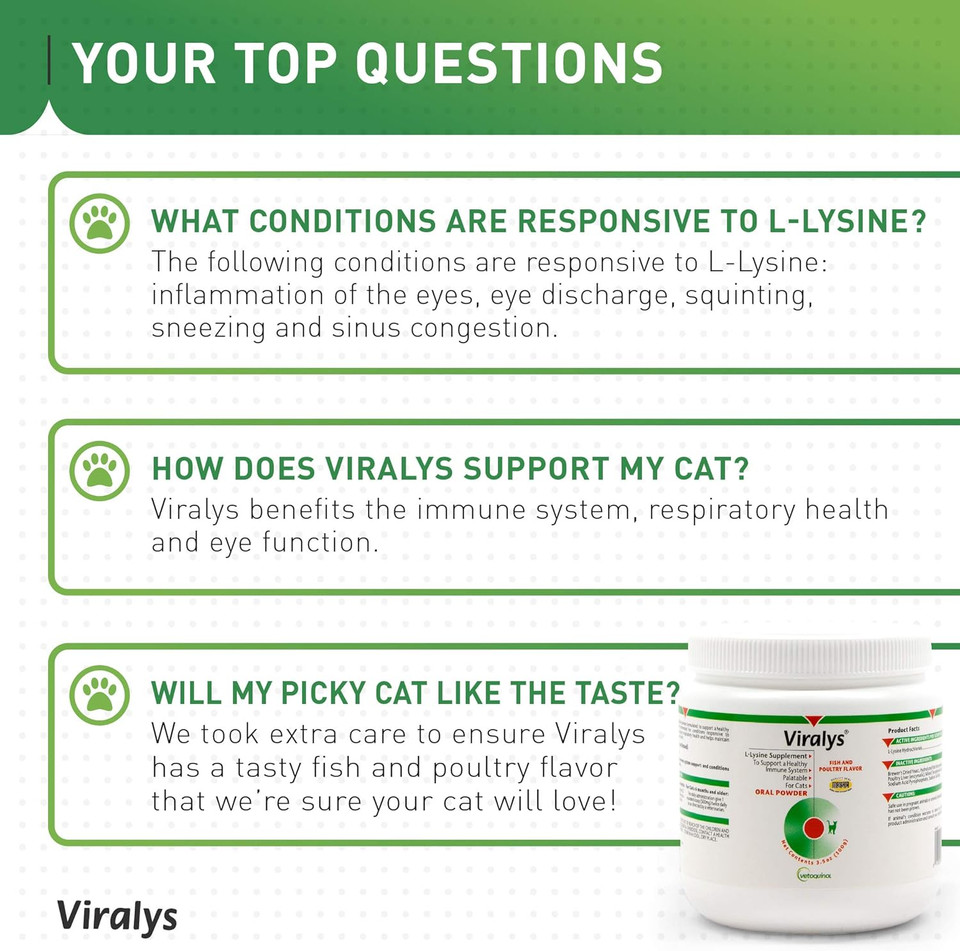 Vetoquinol Viralys L-Lysine Supplement For Cats - Cats & Kittens Of All Ages - Immune Health - Sneezing, Runny Nose, Squinting, Watery Eyes - Flavored Lysine Powder