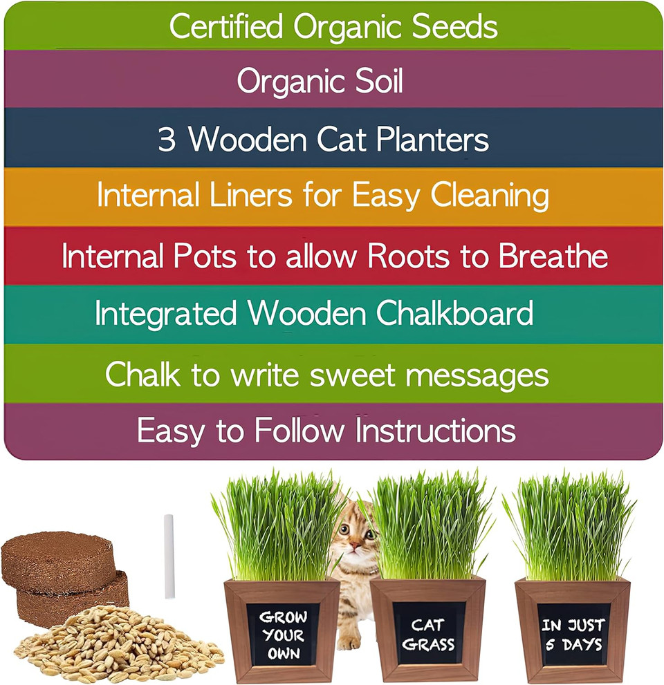 Organic Indoor Cat Grass Kit - 3 Wooden Planters, Certified Seeds, and Premium Soil for Happy Cats. Delight Your Feline Friends with The Ultimate Cat Grass Experience! Ideal Gift for Cat Lovers