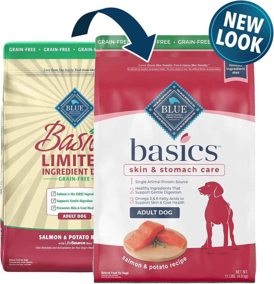 Blue Buffalo Basics Skin & Stomach Care, Grain Free Natural Adult Dry Dog Food, Salmon & Potato 11-Lb