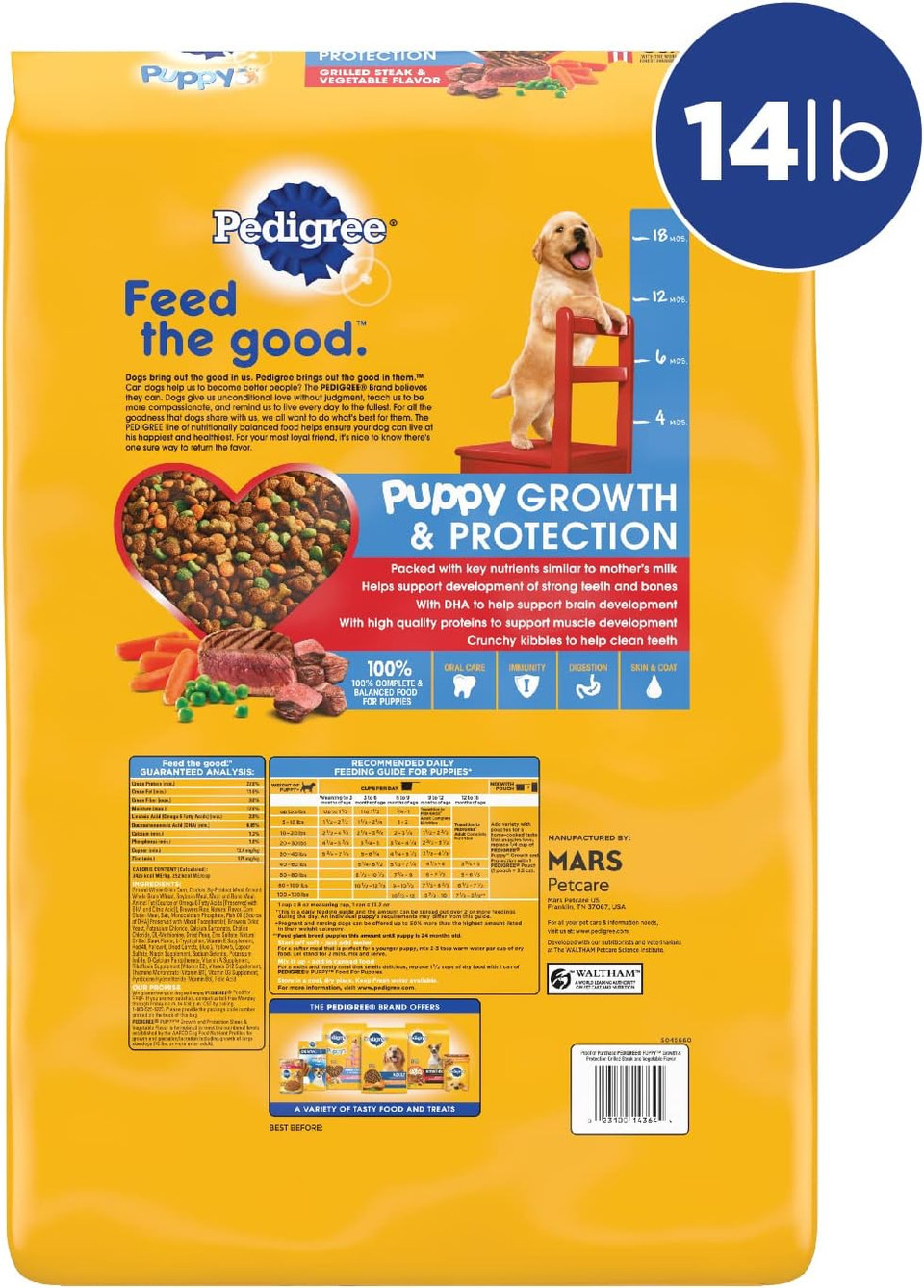 Pedigree Puppy Growth & Protection Dry Dog Food Grilled Steak & Vegetable Flavor, 14 Lb. Bag