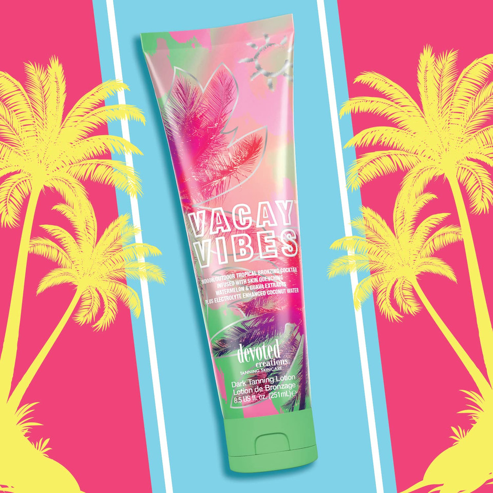 Devoted Creations Vacay Vibes Tanning Lotion  Indoor/Outdoor Tropical Bronzing Cocktail Infused with Skin Quenching Watermelon and Guava Extracts, plus Electrolyte Enhanced Coconut Water  8.5 oz