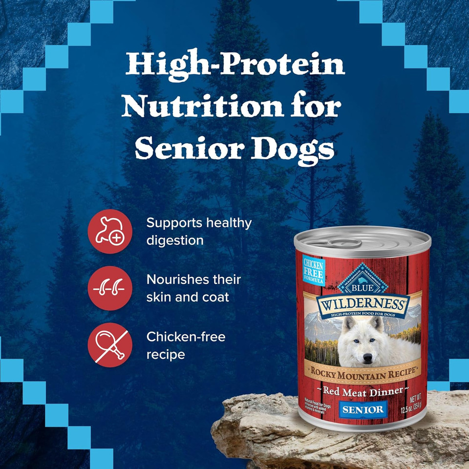 Blue Buffalo Wilderness Rocky Mountain Recipe Senior Wet Dog Food, High-Protein & Grain-Free, Made With Natural Ingredients, Red Meat Recipe, 12.5-Oz. Cans (12 Count)