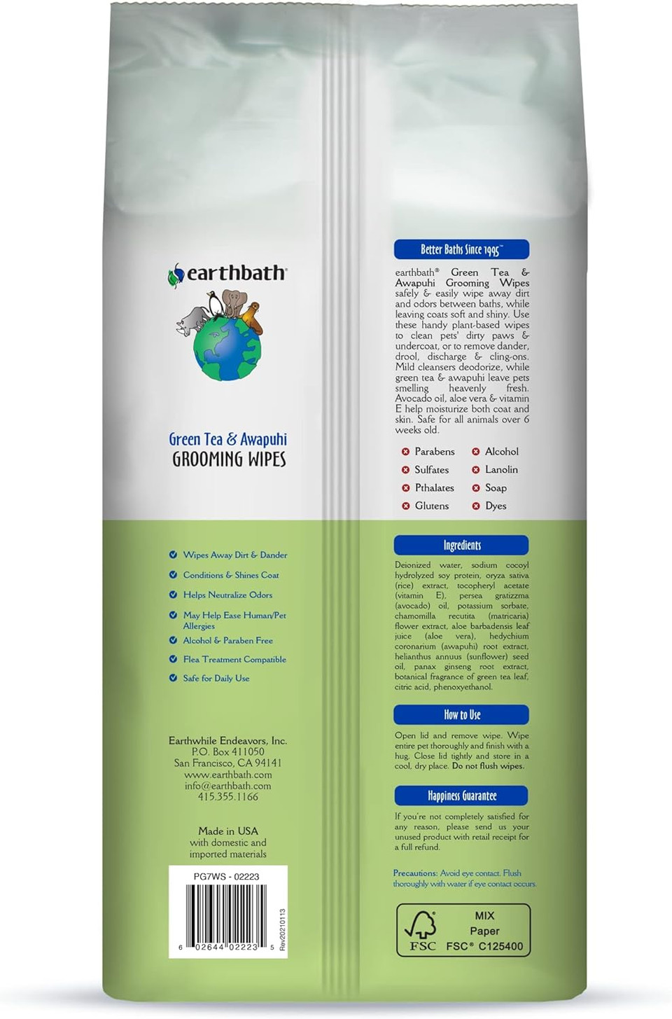 Earthbath Grooming Wipes Green Tea And Awapuhi, 100 Count