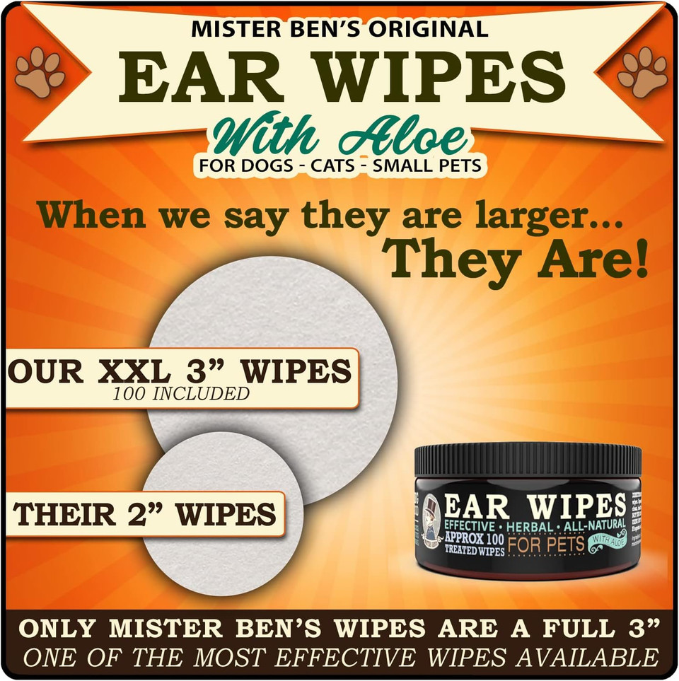 Mister Ben'S Original Xxl Treated Ear Cleaner Wipes W/Aloe For Dogs, Cats Small Pets  Most Effective Wipes That Soothe & Clean Odors, Itching, And Irritations  Approx 100 Extra Large 3" Pads