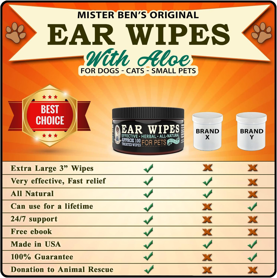 Mister Ben'S Original Xxl Treated Ear Cleaner Wipes W/Aloe For Dogs, Cats Small Pets  Most Effective Wipes That Soothe & Clean Odors, Itching, And Irritations  Approx 100 Extra Large 3" Pads