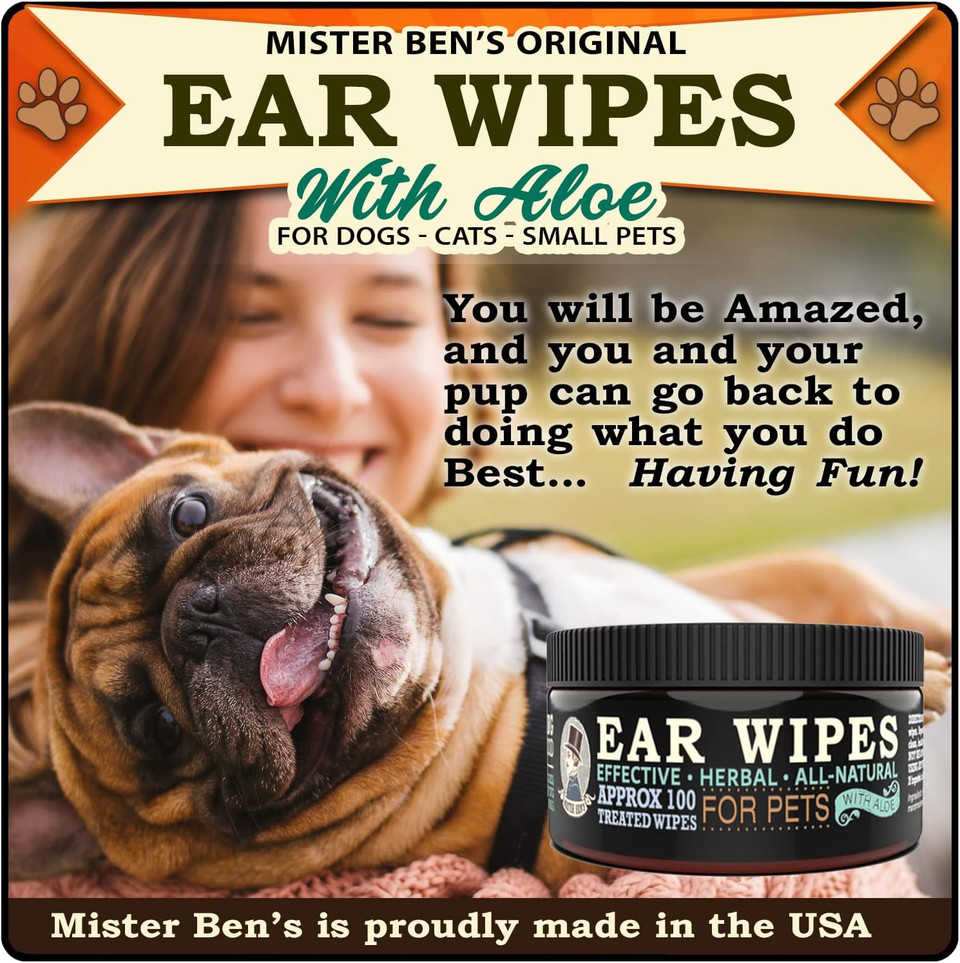 Mister Ben'S Original Xxl Treated Ear Cleaner Wipes W/Aloe For Dogs, Cats Small Pets  Most Effective Wipes That Soothe & Clean Odors, Itching, And Irritations  Approx 100 Extra Large 3" Pads