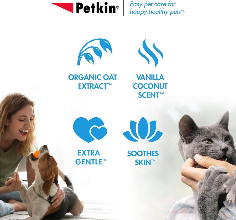 Petkin Large Pet Wipes For Dogs And Cats, 200 Count, Organic Oat Extract, Moistened With Gentle Cleaning Formula, Ideal For Home Or Travel