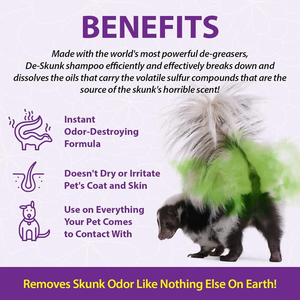 Odor Destroying Shampoo For Dogs, 32 Oz.  Formulated With Powerful De-Greasers, Skunk Odor Remover For Pets, Carpet, Furniture And More  Removes Skunk Smell Fast, Clear, (Fg00065)