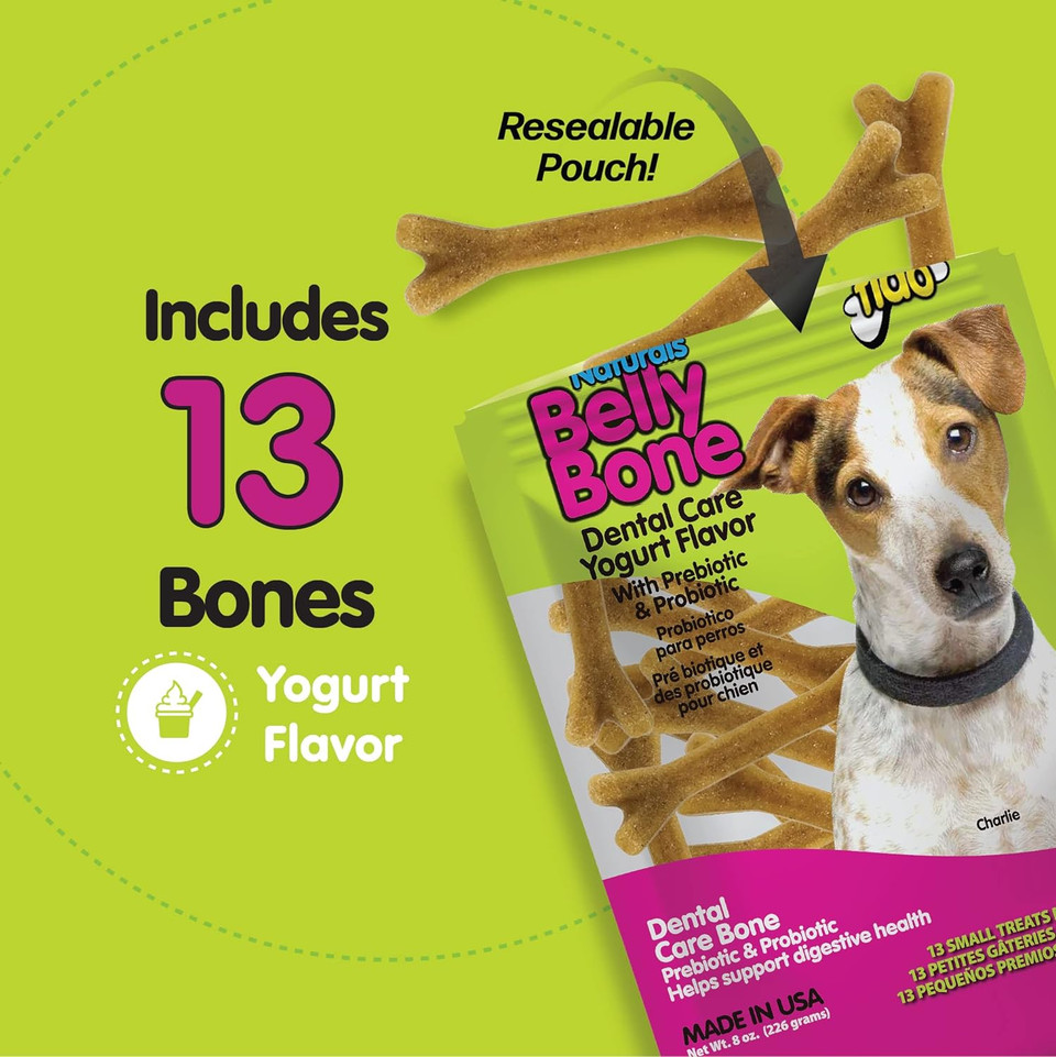 Belly Bones For Dogs, Yogurt Flavored Small Dog Dental Treats - 13 Treats Per Pack (3 Pack) - Made In Usa, Plaque & Tartar Control, For Fresh Breath And Digestive Health Support