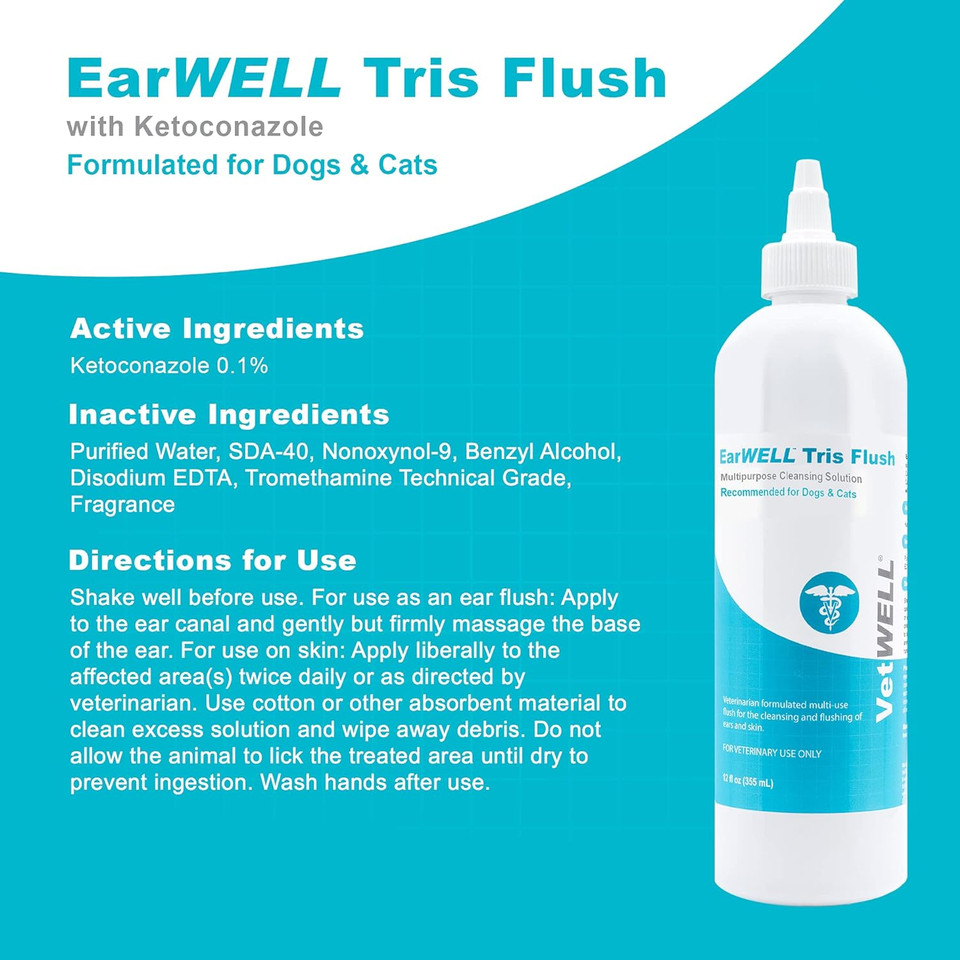 Vetwell Dog Ear Cleaner Solution & Infection Treatment For Dogs & Cats, Tris Otic Cleanser Drops Helps Eliminate Odor And Relieve Infections - 12Oz