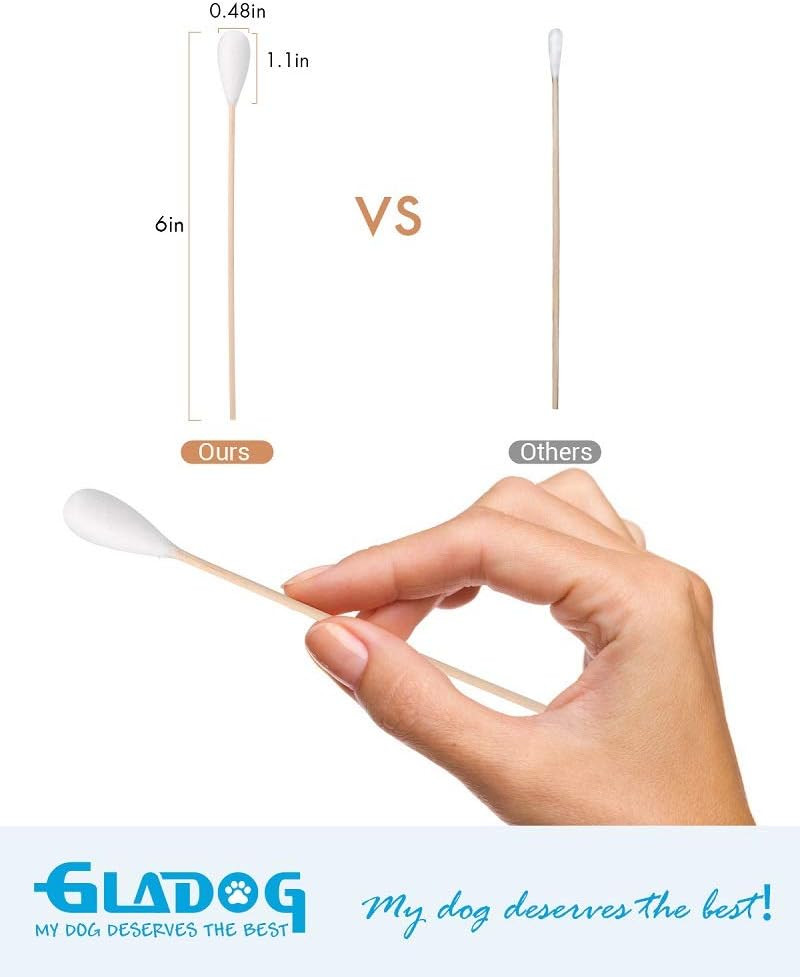 Gladog 6 Inch Professional Large Cotton Buds For Dogs, Specially Designed Dog Cotton Buds With Wood Handle, Large Means Safe