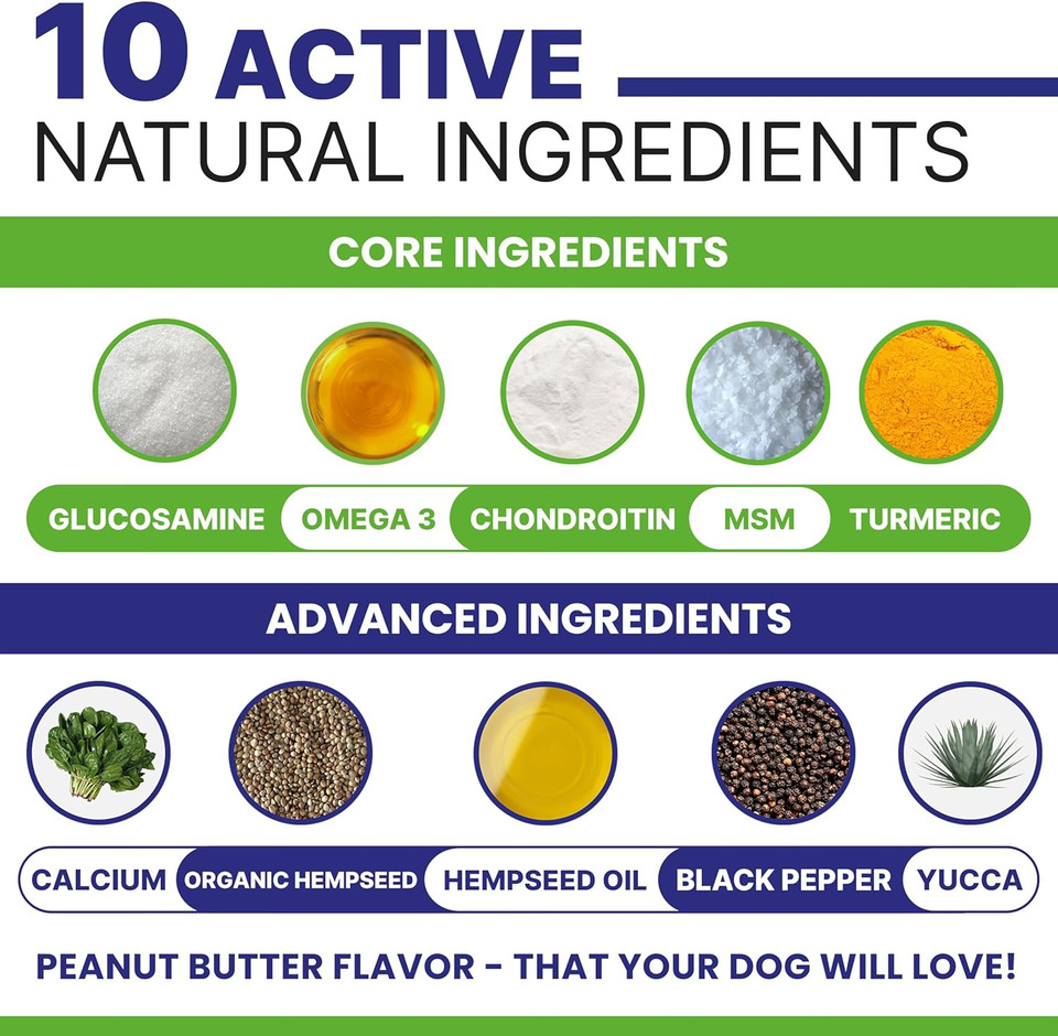 Advanced Hemp Chews For Dogs Hip Joint Pain Relief - Glucosamine For Dogs Hip And Joint Supplement Large Breed - Hemp Treats Joint Health Senior Dog - Chondroitin Hemp Oil Pills - Peanut Butter-240T