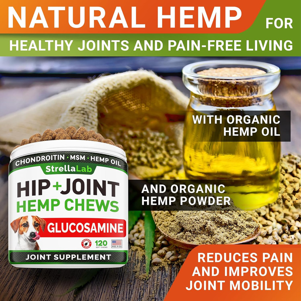 Hemp Treats - Glucosamine Dog Joint Supplement + Omega 3 - W/Hemp Oil - Chondroitin, Msm - Advanced Mobility Chews - Joint Pain Relief - Hip & Joint Care - Chicken Flavor - 120 Ct - Made In Usa
