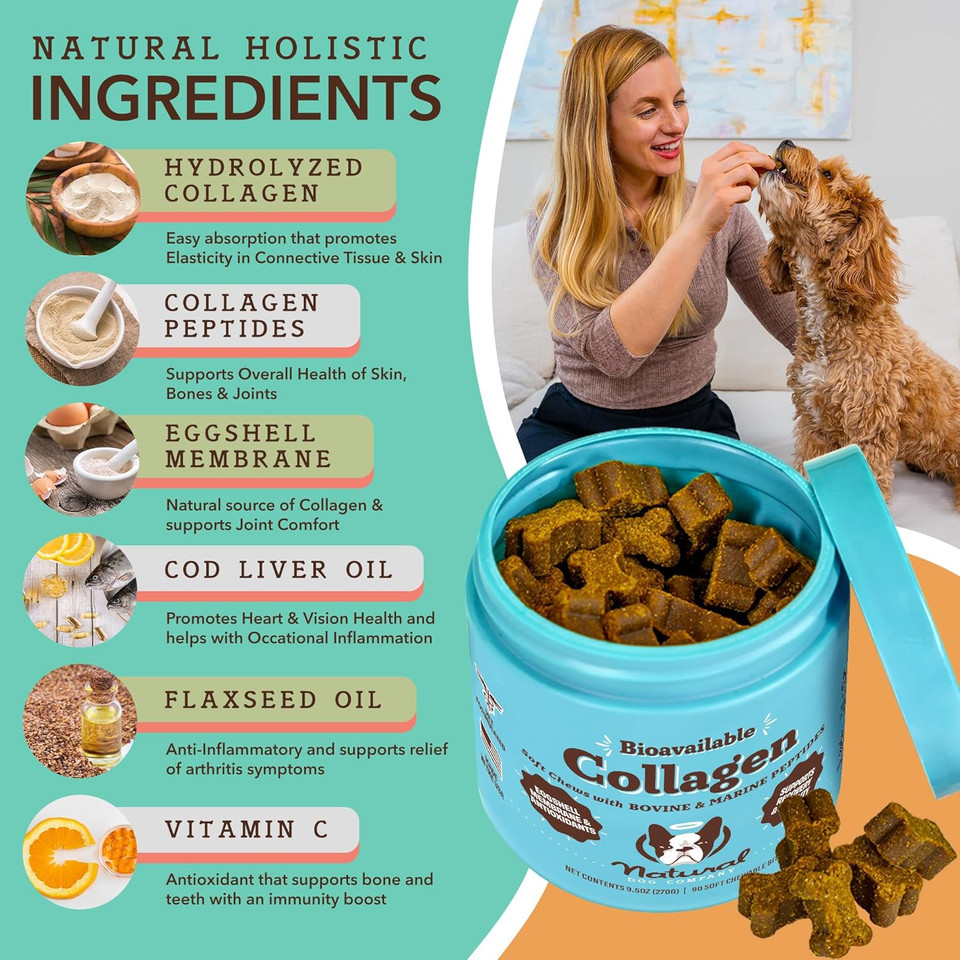 Natural Dog Company Collagen Chews For Dogs - Enhanced With Eggshell Membrane - Unique 4-Type Collagen Blend For Mobility, Hip, Joint, Skin & Coat Support - With Vitamin C And Hyaluronic Acid -90 Ct