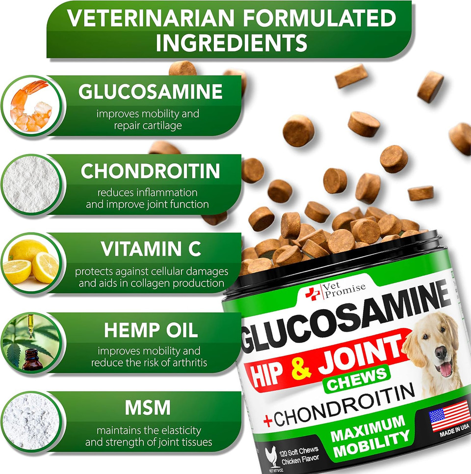 Vet Promise Glucosamine For Dogs - Hip And Joint Supplement For Dogs - Glucosamine Chondroitin For Dogs - Dog Joint Pain Relief - Msm - Advanced Support - 115 Mobility Chews