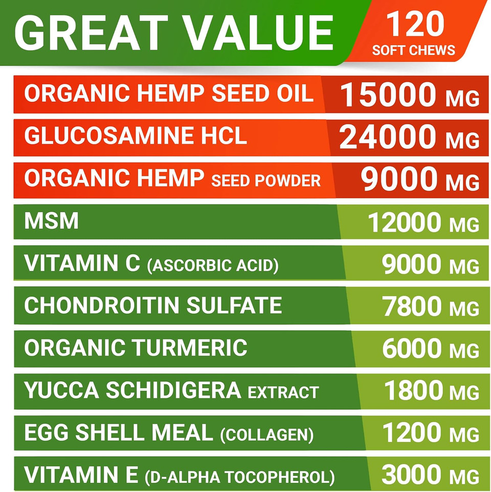 Strellalab Hemp Treats + Glucosamine For Dogs - Hip & Joint Supplement - W/Hemp Oil + Protein - Chondroitin, Msm, Turmeric To Improve Mobility & Energy - Natural Joint Pain Relief, 120 Chews