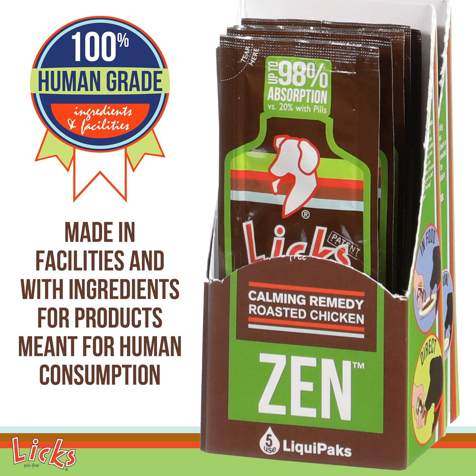 Zen Dog Calming - Calming Aid Supplements For Aggressive Behavior And Nervousness - Calming Dog Treats For Stress Relief & Dog Health - Gel Packets - Roasted Chicken Flavor, 5 Use