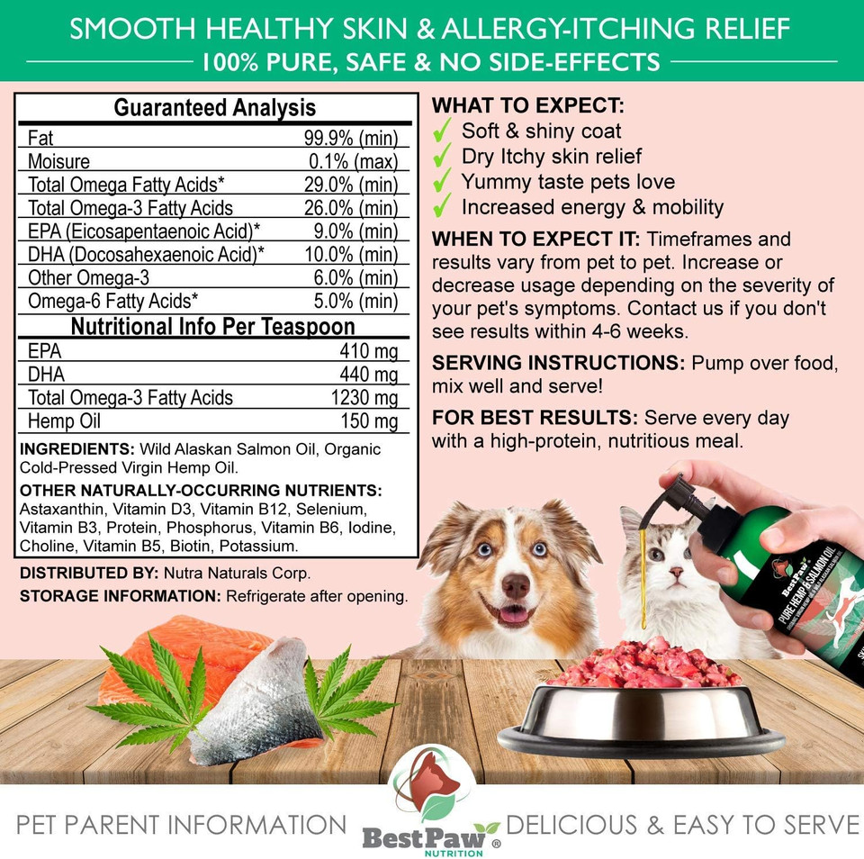 Pure Hemp & Salmon Oil For Dogs And Cats - Omega Skin Care Remedy For Dandruff, Shedding, Allergy & Itchy Skin Relief - Joint Supplement For Pet Arthritis - Skin & Coat Vitamins Pets Love - 8 Oz