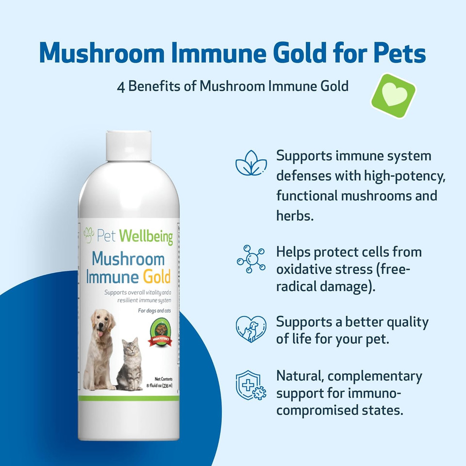 Pet Wellbeing - Mushroom Immune Gold - Natural Alternative Immune Support For Dogs And Cats - 8Oz (237Ml)