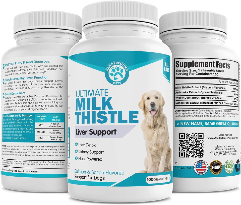 Wanderfound Pets Milk Thistle For Dogs  Tasty Salmon & Bacon Flavored Natural Liver Support For Pets  Kidney Cleanse Detox & Repair Formula Manufactured In The Usa  100 Chewable Tablets