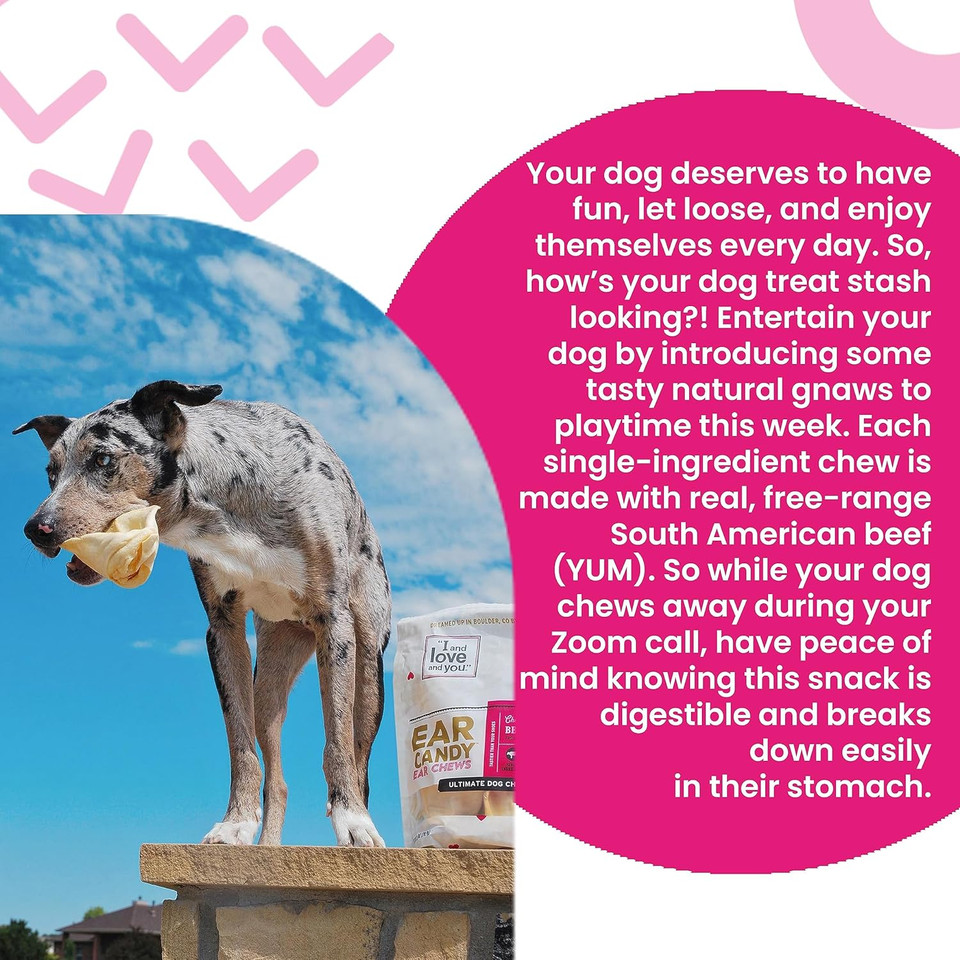 I And Love And You Ear Candy Cow Ear Chews - Beef - Rawhide Alternative, Single Ingredient, Free Range Grass Fed Beef, 5Ct