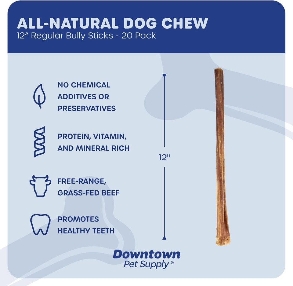 Downtown Pet Supply 12-Inch Bully Sticks For Large Dogs, Pack Of 20 - Single Ingredient, Rawhide Free Dog Chews For Aggressive Chewers - Nutrient-Rich And Odor Free Bully Sticks For Dogs - Beef