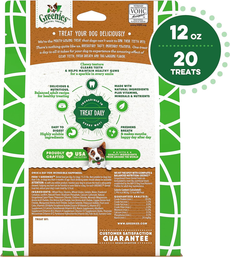 Greenies Regular Size Dental Dog Treats, Gingerbread Flavor, 12 Oz. Pack (12 Count)