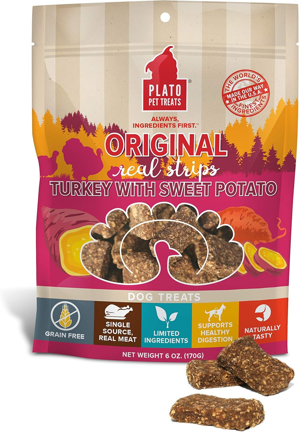 Plato Turkey Real Strips Natural Dog Treats - Real Meat - Air Dried - Made In The Usa - Turkey & Sweet Potato, 6 Ounces