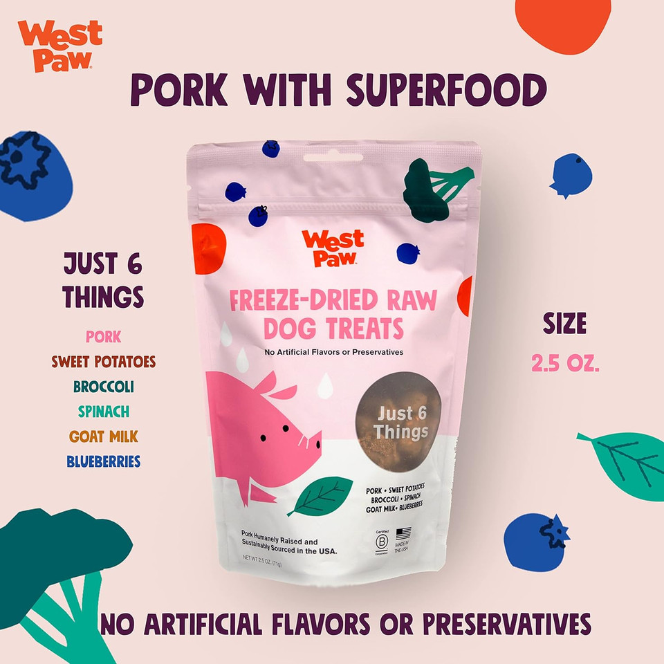 West Paw Freeze-Dried Raw All Natural Dog And Puppy Training Treats, Single Ingredient, Humanely Raised And Sustainably Sourced, Made In Usa, Pork With Superfood, 2 Pack
