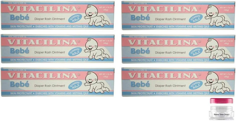 Vitacilina Bebe Diaper Rash Ointment 1.76 Oz. (Pack Of 6) Bundle With Primetime Direct Travel Jar In A Ptd Sealed Bag