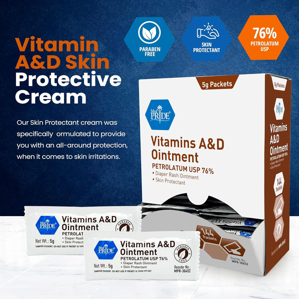 Med Pride Vitamin A & D Skin Protectant Ointment, 5G Packets, 144-Count, For Body Chaffing, Diaper Rash, Cuts, Dry-Cracked Hands/Feet/Face| Lanolin & Petrolatum Formula| For Men, Women & Baby Skin