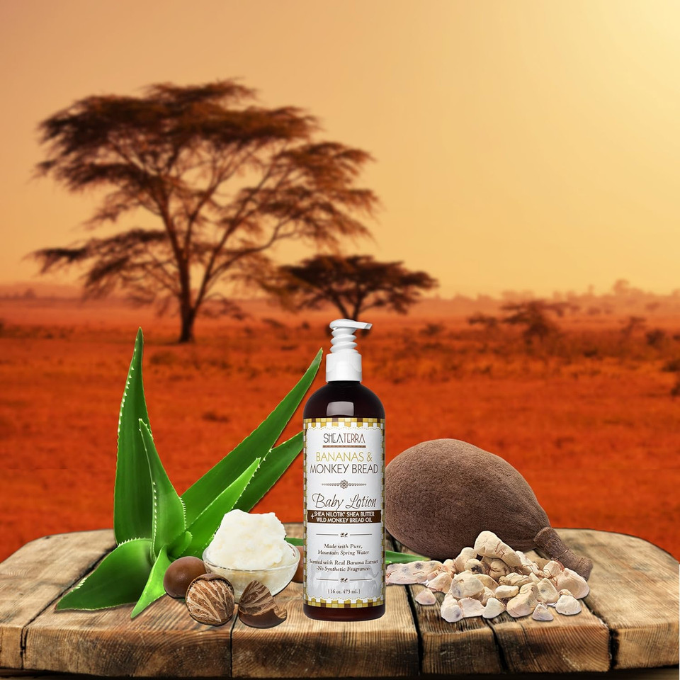 Shea Terra Organics Mama And Baby Collection | Bananas & Monkey Bread Baby Lotion | Non Toxic All Natural Emollient With Baobab And Shea Butter For Dry Skin  16Oz